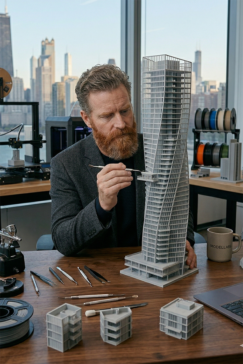 Architect reviewing building model